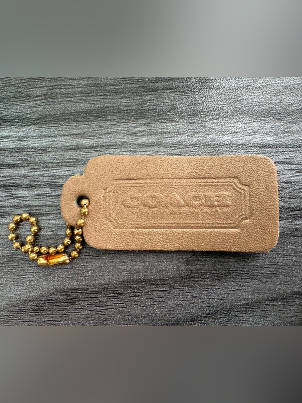 Vintage Coach Leatherware Taupe Leather One-sided Hang Tag with Brass Ball Chain